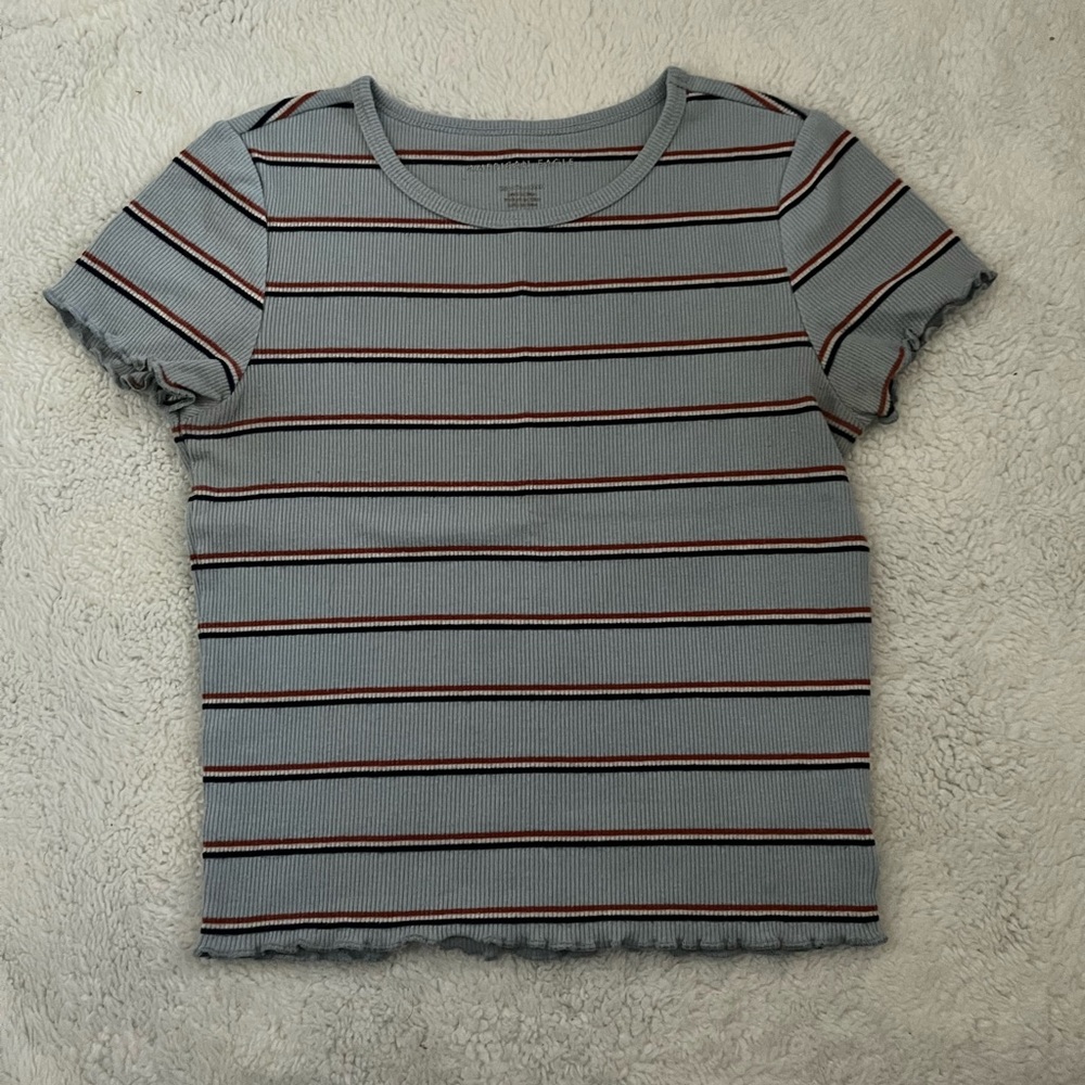 American Eagle Blue and Red Striped Ribbed Crop Top